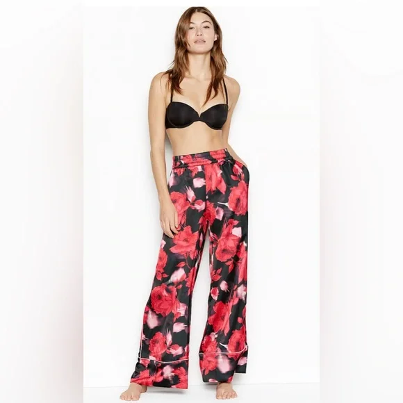 Victoria’s Secret Black Red Floral Satin Wide-Leg Pajama Pants Women’s Size XL - Picture 1 of 14